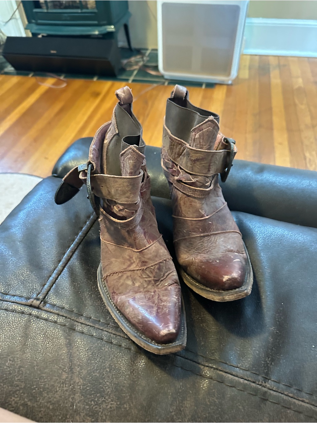 Women's Brown Distressed Leather Ankle Booties With Buckle Strap